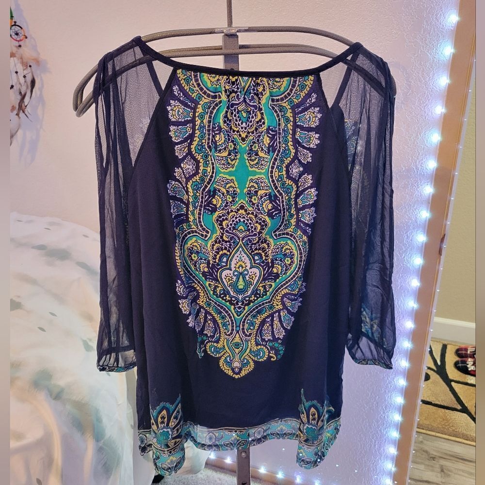 INC International Concepts Navy Blue Sheer Sleeve Paisley Blouse - Picture 7 of 12